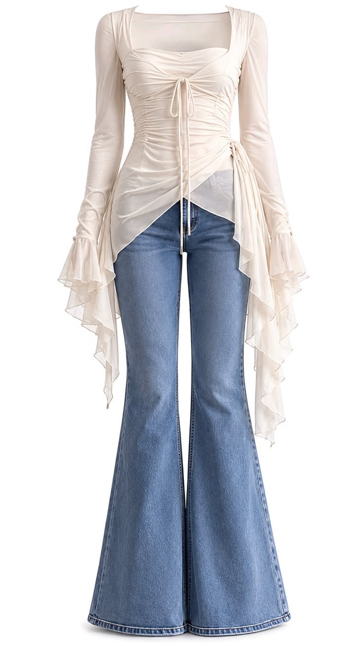 chic mesh top + bell bottom jeans combo